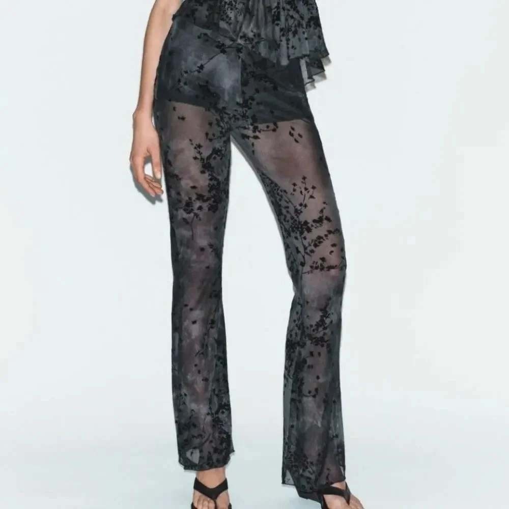 Zara Mesh Flare Pants Womens L Grey Black Floral Flocked Velvet Y2K Grunge Boho